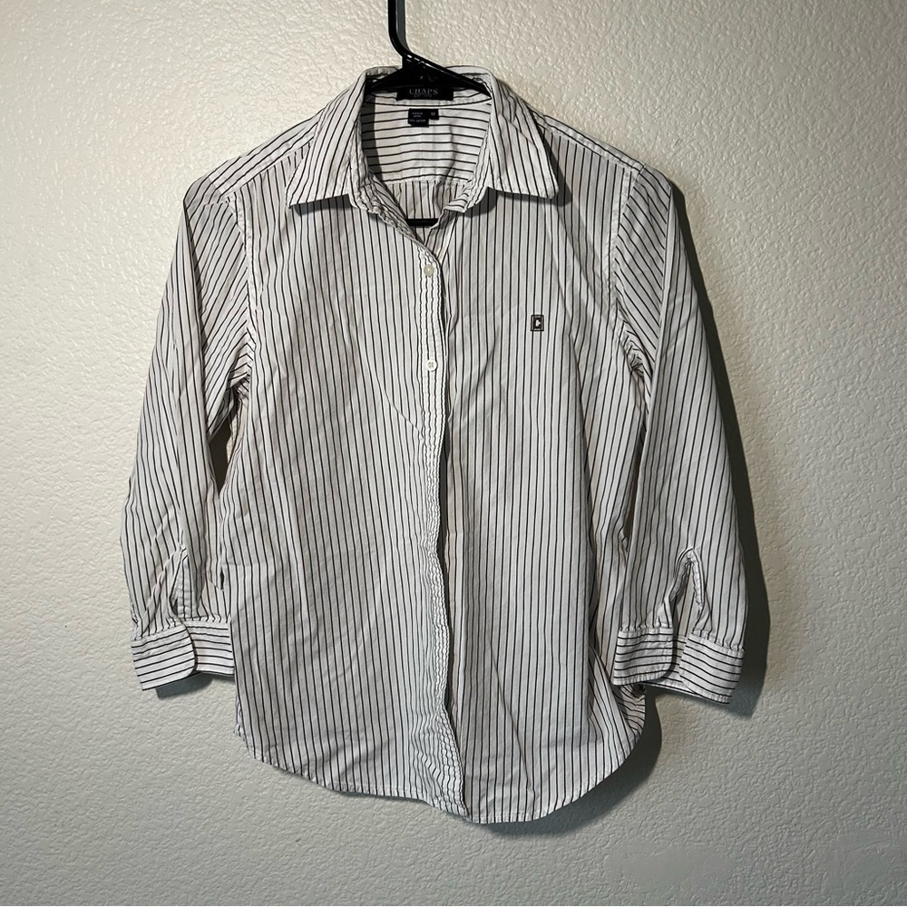 Chaps Light Academia Black and White 3/4 Sleeve Striped Casual Layering Shirt